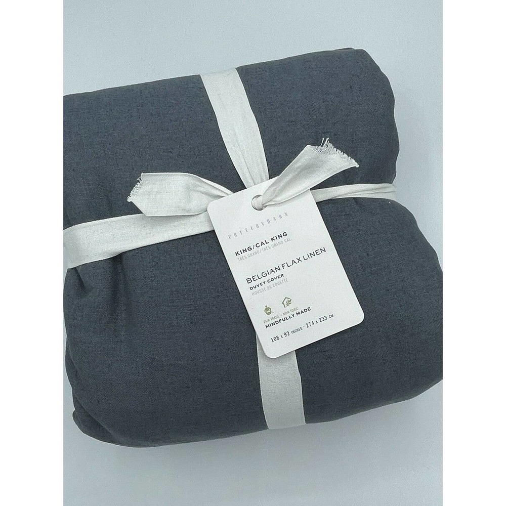 NWT Pottery Barn Belgian Flax Linen King California King Duvet Cover Steel Blue